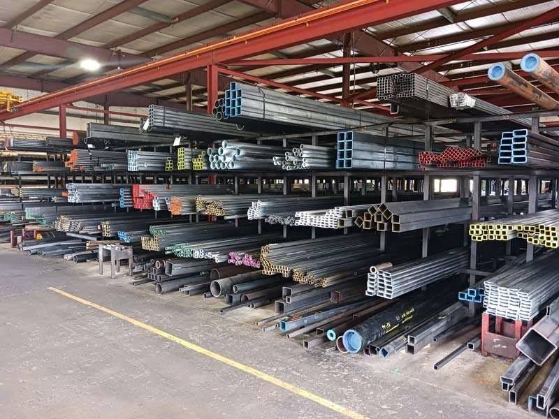 Metal beams are organized on shelves inside a storage facility in Philadelphia, PA